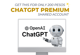 Advertisement for ChatGPT Premium Shared Account for 200 pesos, featuring OpenAI ChatGPT robot logo.