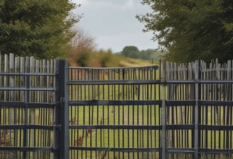 A wooden fence with wire mesh supports a bright yellow-orange sign which reads 'Always wash hands after touching animals.' Behind the fence, there are animal enclosures with green grass and wooden structures. There are additional signs on the structures in the background providing more information.