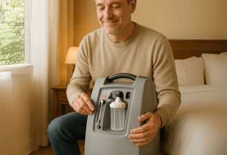 hombre usando un concentrador de oxígeno de lazcano equipos, en su habitación