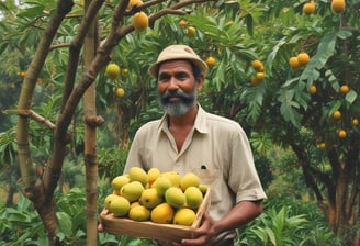 A person is tending to a garden, spreading organic material onto the soil between rows of young plants. The setting is a well-organized farm with various types of plants growing in parallel rows. A wheelbarrow filled with similar organic material is visible nearby.