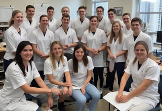 An art studio setting with several artists seated and sketching. A model stands on a platform draped in a blue garment. The lighting is dim and atmospheric, focusing on the central figure. The artists are engaged in their work, capturing the essence of the scene with their drawing materials.