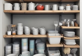 A variety of handmade ceramic items are displayed on a light brown surface. These include colorful plates with floral designs, a large green bowl, several decorative pieces shaped like flowers, leaves, and other nature motifs. Prices are marked with numbers written on small pieces of paper placed next to some items.