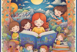 Five young children appear to be reading from various colorful books with illustrations on the covers. The children are seated closely together, engrossed in their books. Each child has distinct hair color and expression, contributing to a playful and whimsical atmosphere.
