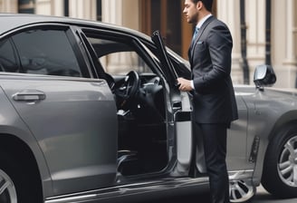 a man in a suit and tie standing next to a car