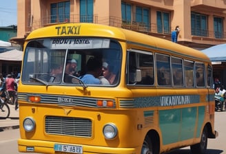 A vintage vehicle is inside a garage or station, with a suitcase on its roof. A sign reading 'FOR HIRE' is illuminated at the front. The background shows steel beams and a hanging light fixture, suggesting an industrial or rustic setting.