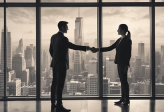 Dos profesionales inmobiliarios, uno hombre, otra mujer, ambos vestidos con traje formal