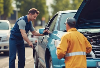 A car service or repair garage is depicted, with a vehicle hoisted on a lift. A laptop is placed on a nearby workstation with an open drawer filled with tools. The environment features tiled walls and floor, and equipment such as a tire changer and a balancing machine. Fluorescent lighting provides illumination.