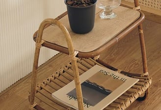 a table with a plant in a potted plant