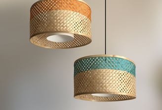 two lampshads with a woven rattant and a lamp shade