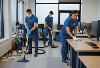 Nexa Pro cleaning desks and breakroom area in office