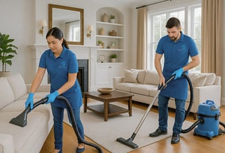 NexaPro team performing residential living room cleaning with vacuum and gloves in Louisville home