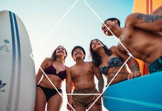 a group of people standing around a surfboard