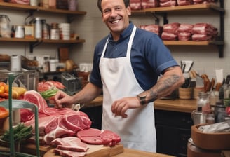 A butcher stands behind a wooden counter in a bustling market environment. The interior is warmly lit with exposed piping and a neon sign overhead advertising Market Spice. Various cuts of meat are displayed in refrigerated cases, and the space is vibrant with activity.