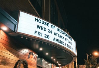 Signage of a cinema showing the films that are being shown