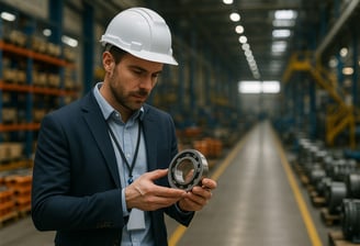 Leader inspecting parts made in Asia, helping him to boost performance