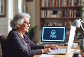 A computer monitor displays a webpage from HelpDesk Heroes, featuring a contact address and email. Social media icons including Facebook, LinkedIn, Twitter, Instagram, and Pinterest are visible. The screen also shows a Trustpilot rating. A stack of cookies is partially visible at the bottom of the image, and part of a keyboard can be seen in the foreground.