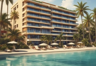 Three modern beach houses with large windows and balconies are situated side by side. A sandy beach lies in the foreground, and a tall palm tree stands behind one of the houses. Bright red umbrellas are visible on the patios, adding a pop of color to the neutral tones of the buildings.