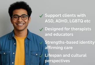 Neurodiversity course visual with student and key features for therapists and educators.