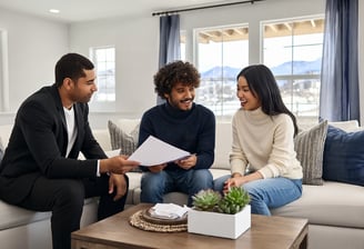 Lionel Family reviewing purchase agreement in Harvest Ridge living room