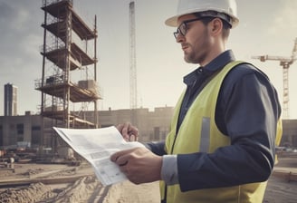 A woman wearing a red safety helmet and yellow earmuffs operates a surveying instrument mounted on a tripod. She is standing in a construction area with a compact excavator in the background. Her casual attire includes a white eyelet blouse and blue jeans, and she is holding a digital level.