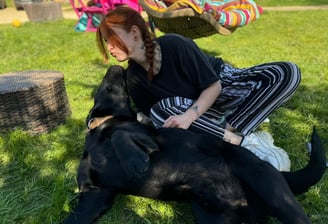 personne embrassant un chien labrador noir dans l'herbe