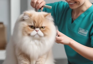 A person in a black shirt is grooming a small white dog on a table. The dog has fluffy fur and appears to be a Pomeranian. A comb is used in the grooming, and there are grooming tools visible on the table. The background features a chalkboard with some doodles and writing, and the setting seems to be a pet salon or a grooming space.