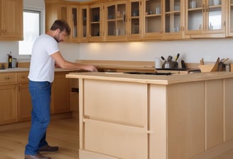 A modern wooden cabinet with straight lines and a light wood finish is partially illuminated by sunlight coming through a window. The light creates distinct shadows across the cabinet and the hardwood floor beneath it.