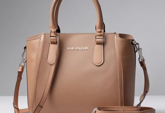 A collection of stylish accessories including a large handbag with a branded pattern, a pair of high-heeled shoes in a dark brown color, a floral scarf with vibrant colors, and a matching light pink clutch wallet. The background features a gradient of warm tones creating a fashionable and elegant display.