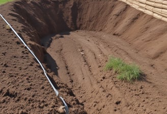 Workers wearing safety gear are engaged in construction activities at a site with rocky terrain. They are handling large metal rods, possibly for reinforcing concrete structures. Piles of earth and construction materials surround the area.