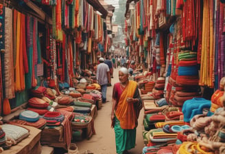 A busy market scene with several vendors and shoppers. Stalls are filled with various goods and products, and there are bright lights creating a warm, lively atmosphere. Signs with text in a Southeast Asian script hang from the stalls, adding to the market ambiance.