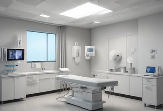 A vintage medical office with retro equipment, including old X-ray images displayed on a lightbox. The room has a checkered black and blue floor, a variety of medical devices, a telephone on a desk, and posters on the walls. Large windows let in natural light.