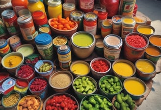 A variety of fresh produce including bananas, lemons, tomatoes, carrots, broccoli, red chili peppers, green onions, and a wooden spoon with a green powder.