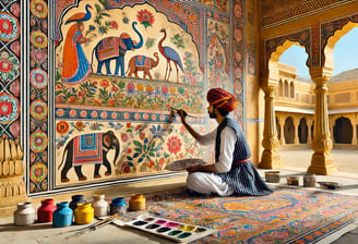 An artist creating vibrant patterns on a rug within the elegant surroundings of an Indian palace.