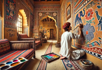 An artist is engaged in painting a colorful design on the wall of an Indian-style room.