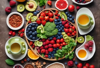 A kitchen countertop features various healthy food items including protein bars on a slate tray, a jar of yellow hummus, a wooden spoon, and a mug with a heart design. Packages of Alver Easy Protein powder are visible in the background. Fresh herbs, a bowl of blueberries, a container with seeds, strawberries, cherry tomatoes, and an avocado are also present, suggesting a focus on natural ingredients.