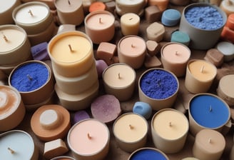 Glass jars filled with colorful substances are neatly arranged on wooden shelves along with bottles of honey. Labels with tags are attached to the jars and bottles, suggesting they are homemade or artisanal products. The jars contain pastel-colored substances, possibly candles or preserved items. The setting appears to be a market or a store.