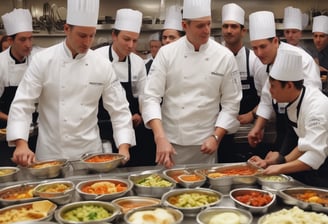 A group of chefs wearing white uniforms and hats are working in a circular kitchen station, preparing various foods. The area is filled with a variety of ingredients and dishes, including fruits, chocolate fountains, and pastries. The surrounding area has a wooden floor and a few plants.