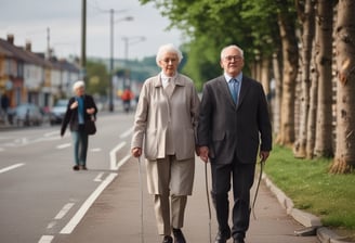 An older adult dressed in orange walks beside a person in a wheelchair on a rural road. The road is lined with trees and buildings. Other people are seen riding motorcycles further ahead.