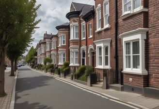 A residential street lined with brick houses stretches into the distance under a partly cloudy sky. A large tree without leaves stands tall on the right side, casting long shadows on the wet pavement. For sale signs are visible in front of the houses, indicating real estate activity. The sunlight filters through the branches, creating a serene atmosphere.