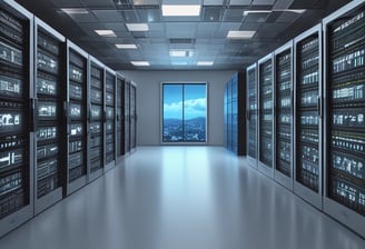 A cloud-shaped object with server racks is connected via cables to a computer monitor. The setup is surrounded by several black squares on a blue background, evoking concepts of cloud computing and data networks.