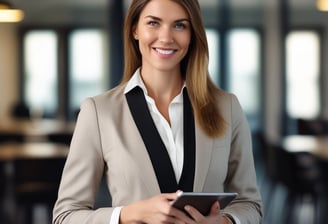 a woman in a suit and tie is holding a tablet computer