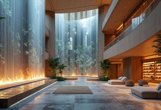 a large waterfall in a large room with a waterfall