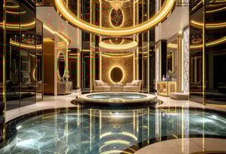 a large room with a circular pool in the middle