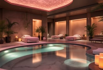 a spa with a pool and candles