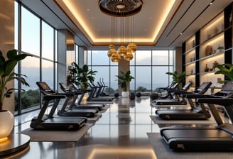 a gym room with a row of treads and a clock