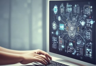 An empty, well-lit, modern operating room with white walls and ceiling. Various surgical lights and equipment are suspended from the ceiling. The room has a clean and sterile appearance with closed doors and built-in shelves.