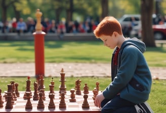 A group of people engaged in a chess game outdoors, with several chess boards set up on tables under colorful umbrellas. One man appears to be making a move while another watches intently. Spectators stand and sit around, creating a lively and focused atmosphere.