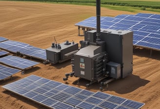 Expansive solar panel installation spread across a large, open area, nestled in front of lush green hills under a clear blue sky.