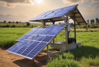 A large array of solar panels is installed on a flat rooftop under a bright blue sky with scattered clouds. In the distance, there is a lush green hillside with trees and several residential buildings with colorful rooftops.