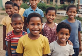 A group of five children stands together on a grassy area, smiling and holding each other in a friendly pose. Three of the children wear shirts with the words 'THE FUTURE,' suggesting a message of optimism and aspiration. The background features a crowd of people, indicating a public or community event.
